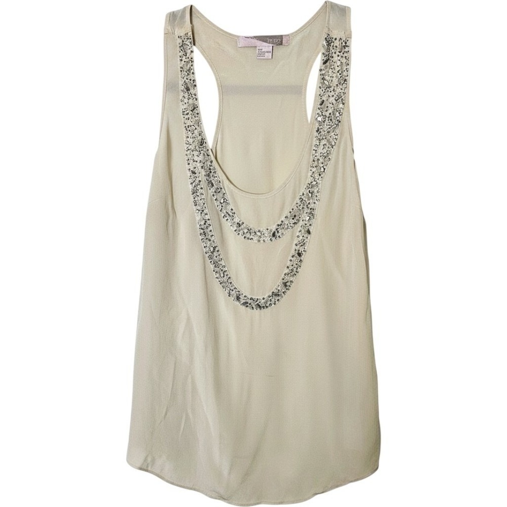 Vintage Silk Tank Top S Cream Beaded Sequin Racerback Boho Chic Y2K Going Out